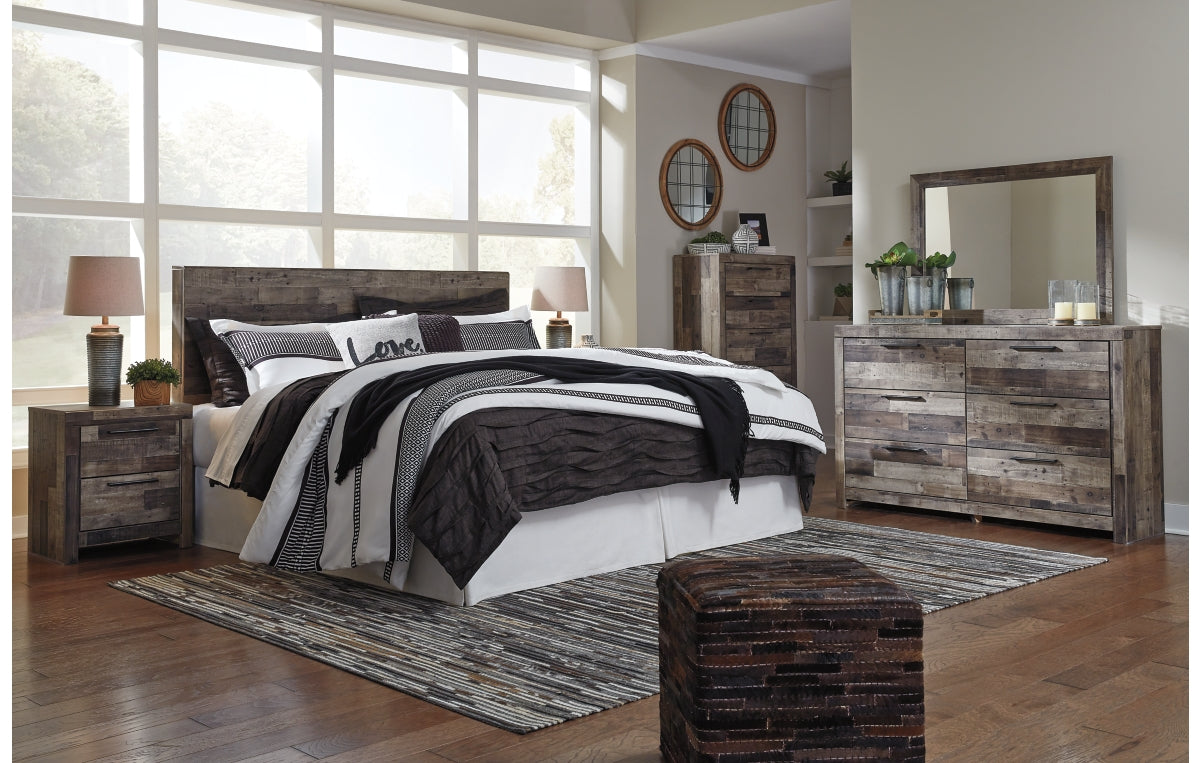 Derekson King Panel Headboard with Mirrored Dresser, Chest and Nightstand