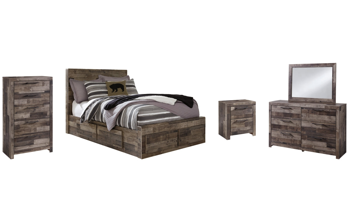Derekson Full Panel Bed with 6 Storage Drawers with Mirrored Dresser, Chest and Nightstand