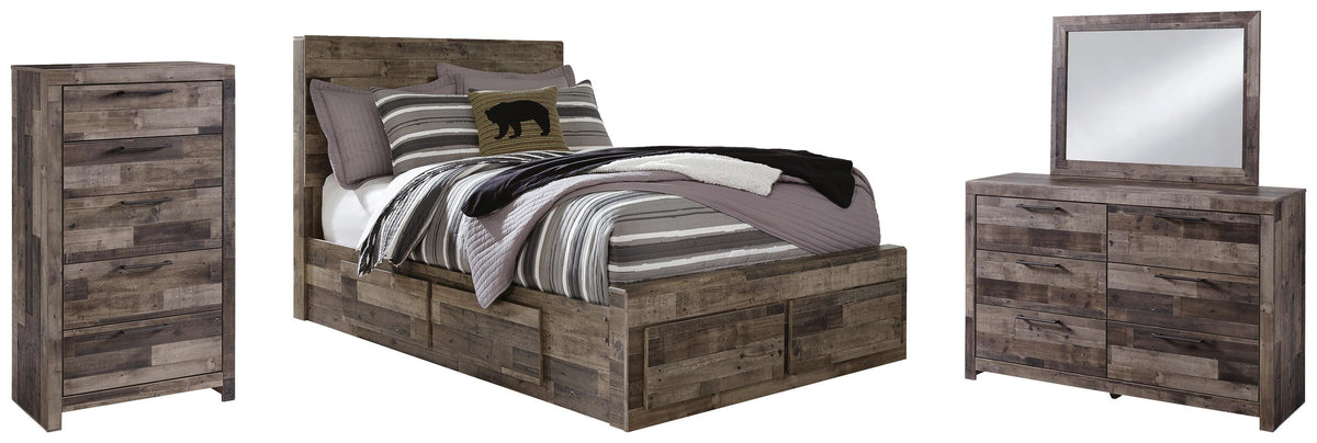 Derekson Full Panel Bed with 6 Storage Drawers with Mirrored Dresser and Chest