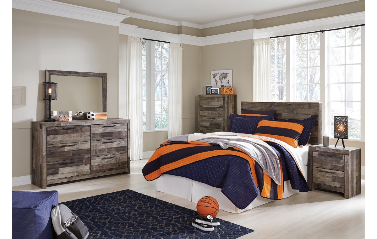 Derekson Full Panel Headboard with Mirrored Dresser, Chest and Nightstand