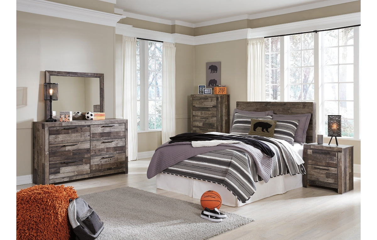 Derekson Full Panel Headboard with Mirrored Dresser, Chest and Nightstand
