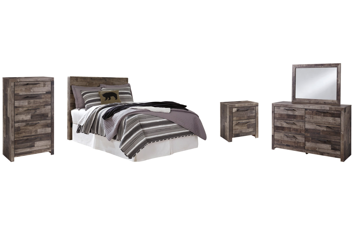 Derekson Full Panel Headboard with Mirrored Dresser, Chest and Nightstand