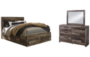 Derekson Queen Panel Bed with 4 Storage Drawers with Mirrored Dresser