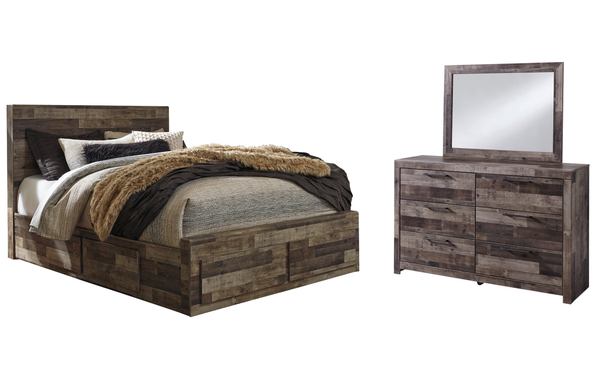 Derekson Queen Panel Bed with 6 Storage Drawers with Mirrored Dresser