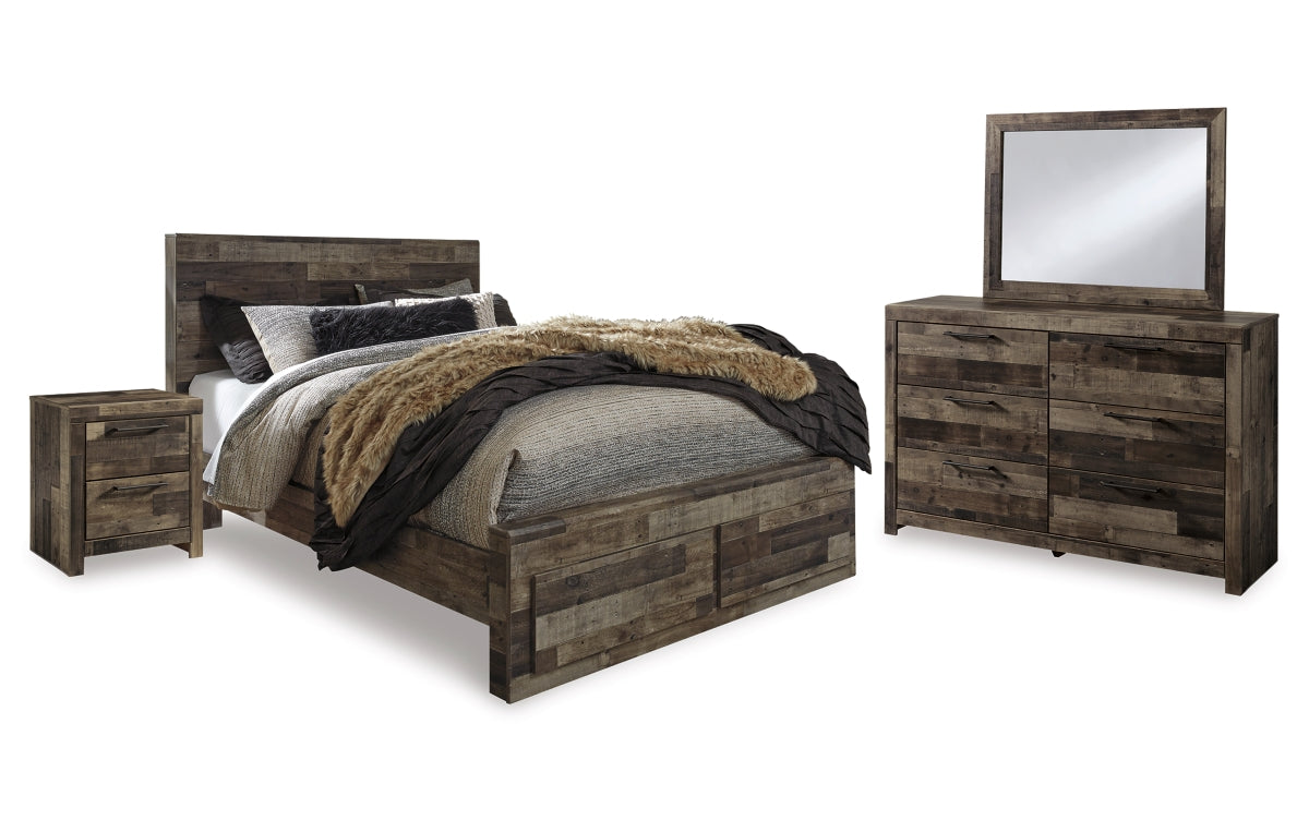 Derekson Queen Panel Bed with 2 Storage Drawers with Mirrored Dresser and Nightstand