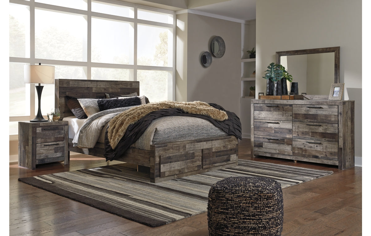 Derekson Queen Panel Bed with 2 Storage Drawers with Mirrored Dresser and Nightstand