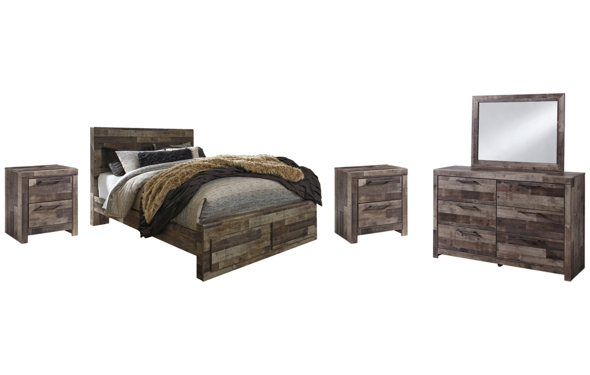 Derekson Queen Panel Bed with 2 Storage Drawers with Mirrored Dresser, Chest and Nightstand