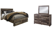 Derekson Queen Panel Bed with 2 Storage Drawers with Mirrored Dresser