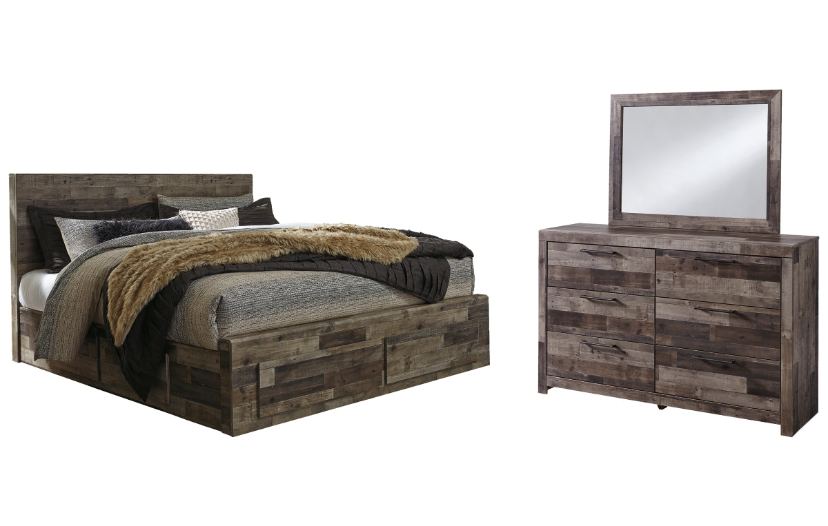Derekson King Panel Bed with 4 Storage Drawers with Mirrored Dresser