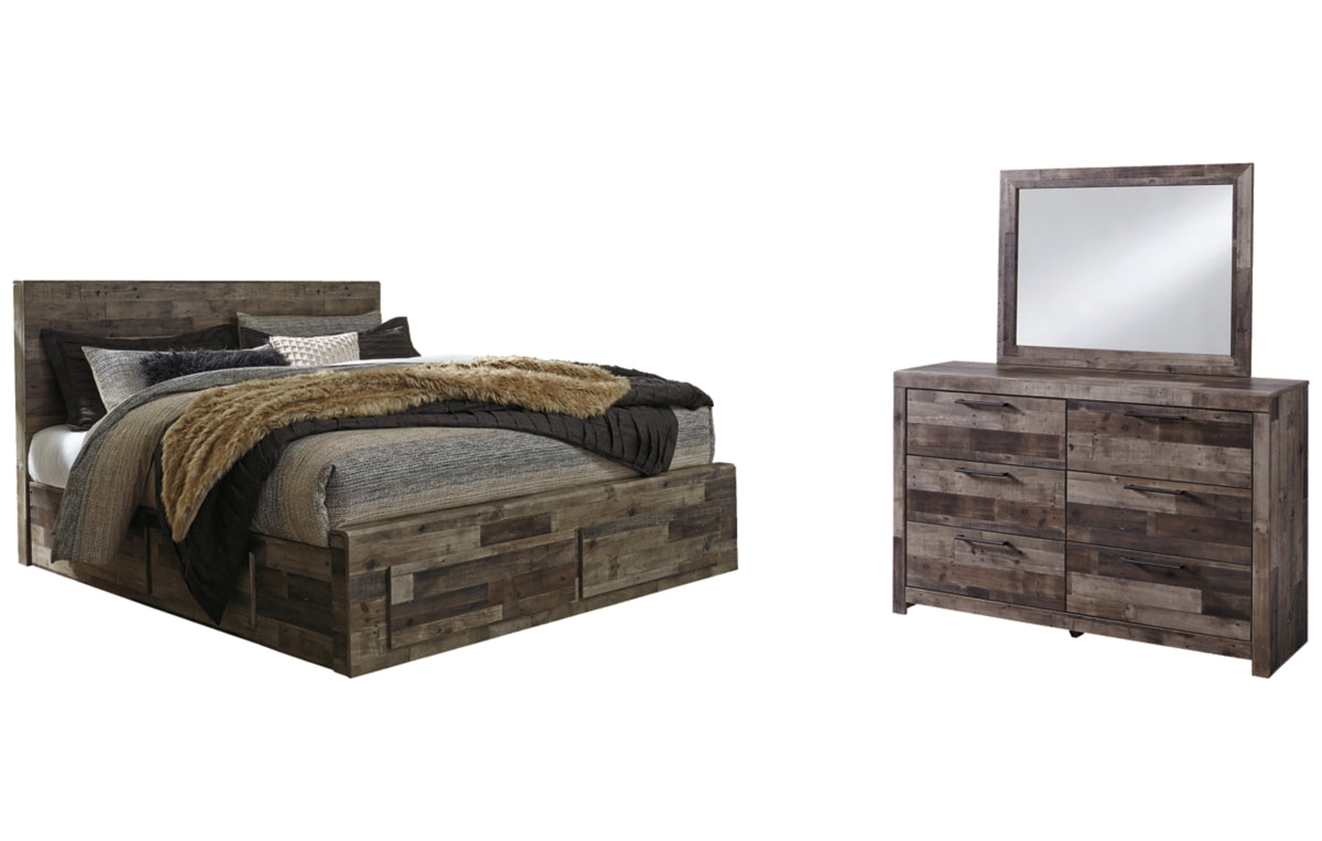 Derekson King Panel Bed with 6 Storage Drawers with Mirrored Dresser