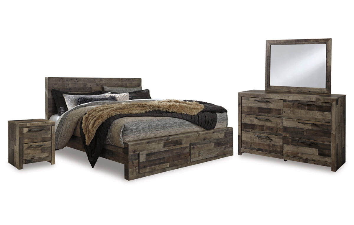 Derekson King Panel Bed with 2 Storage Drawers with Mirrored Dresser and Nightstand