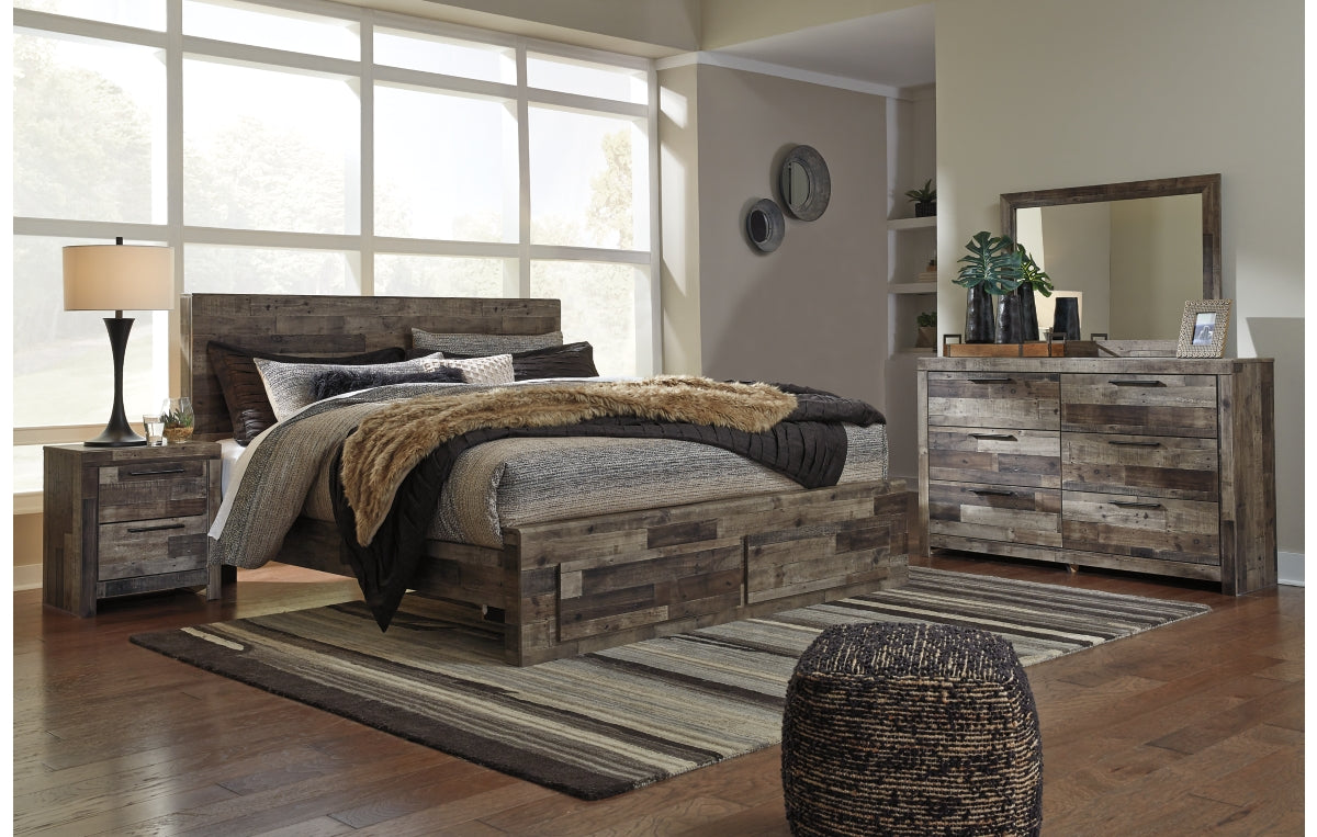 Derekson King Panel Bed with 2 Storage Drawers with Mirrored Dresser and Nightstand