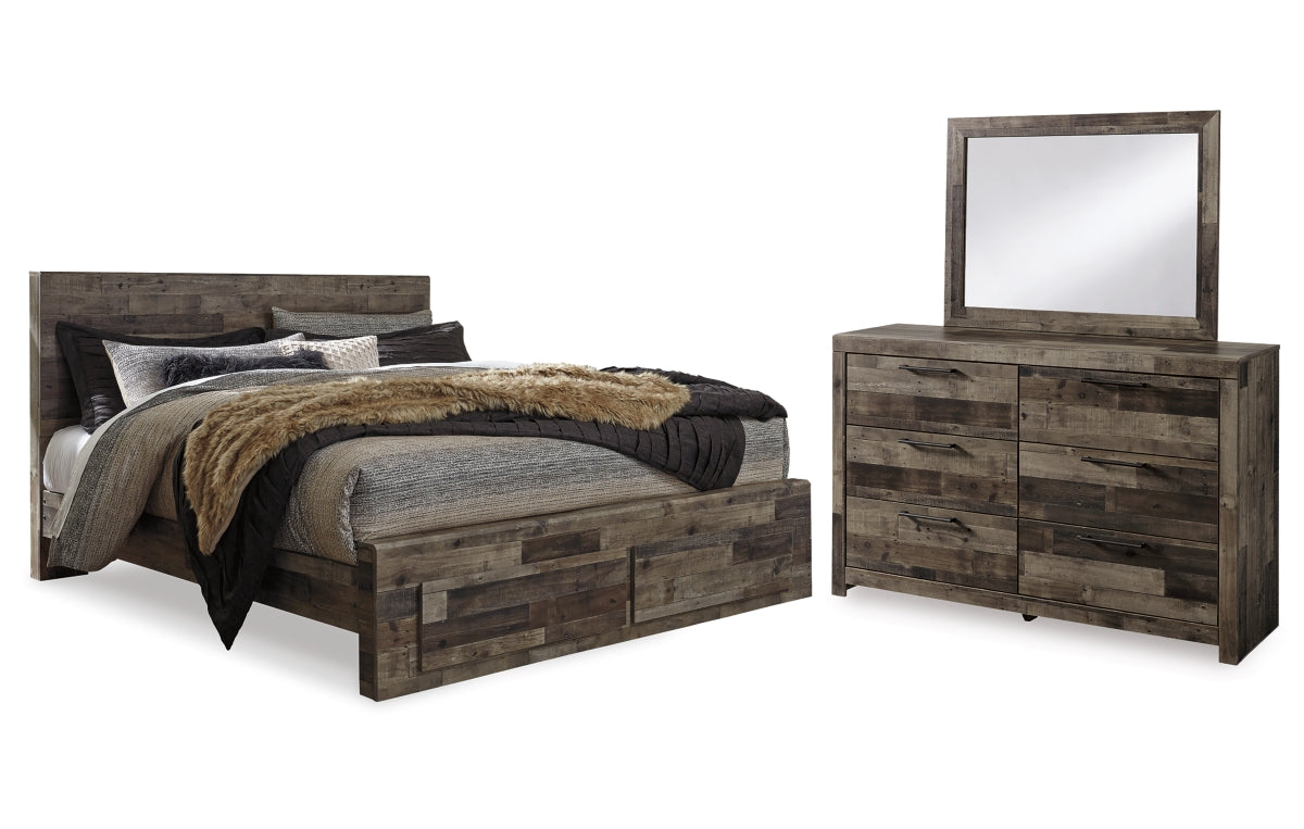 Derekson King Panel Bed with 2 Storage Drawers with Mirrored Dresser