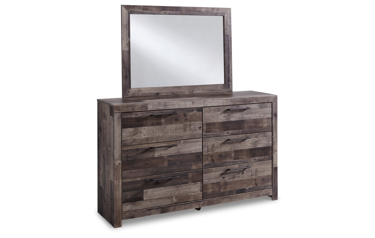 Derekson King Panel Bed with 6 Storage Drawers with Mirrored Dresser, Chest and Nightstand