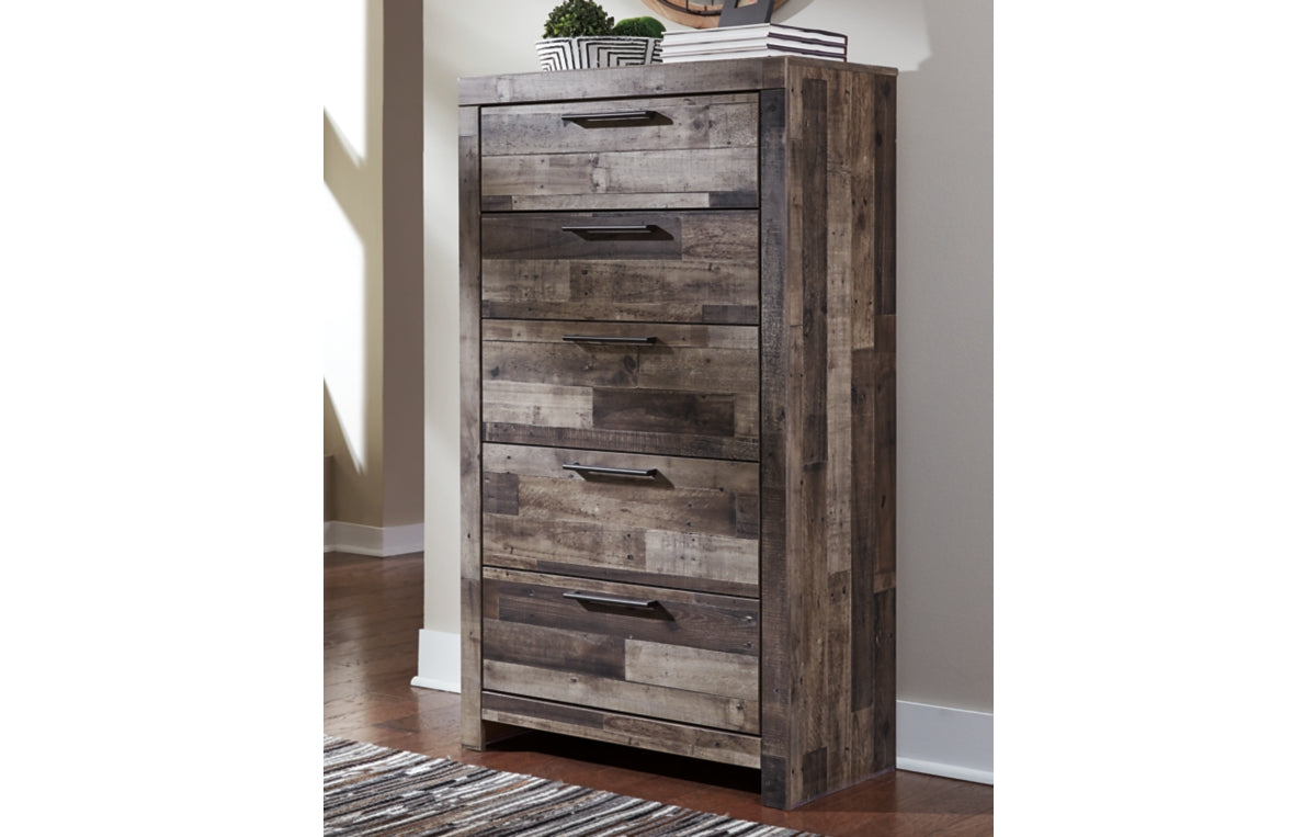 Derekson King Panel Bed with 6 Storage Drawers with Mirrored Dresser, Chest and Nightstand