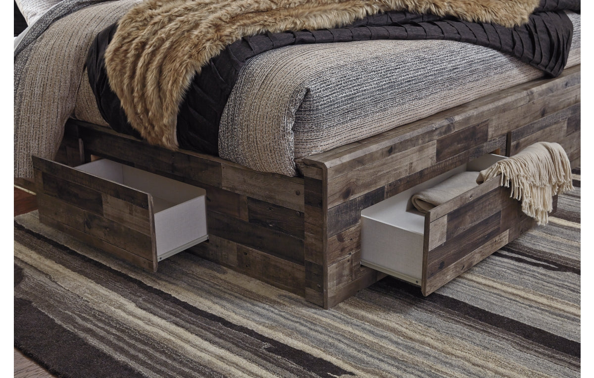 Derekson Queen Panel Bed with 6 Storage Drawers with Mirrored Dresser, Chest and Nightstand