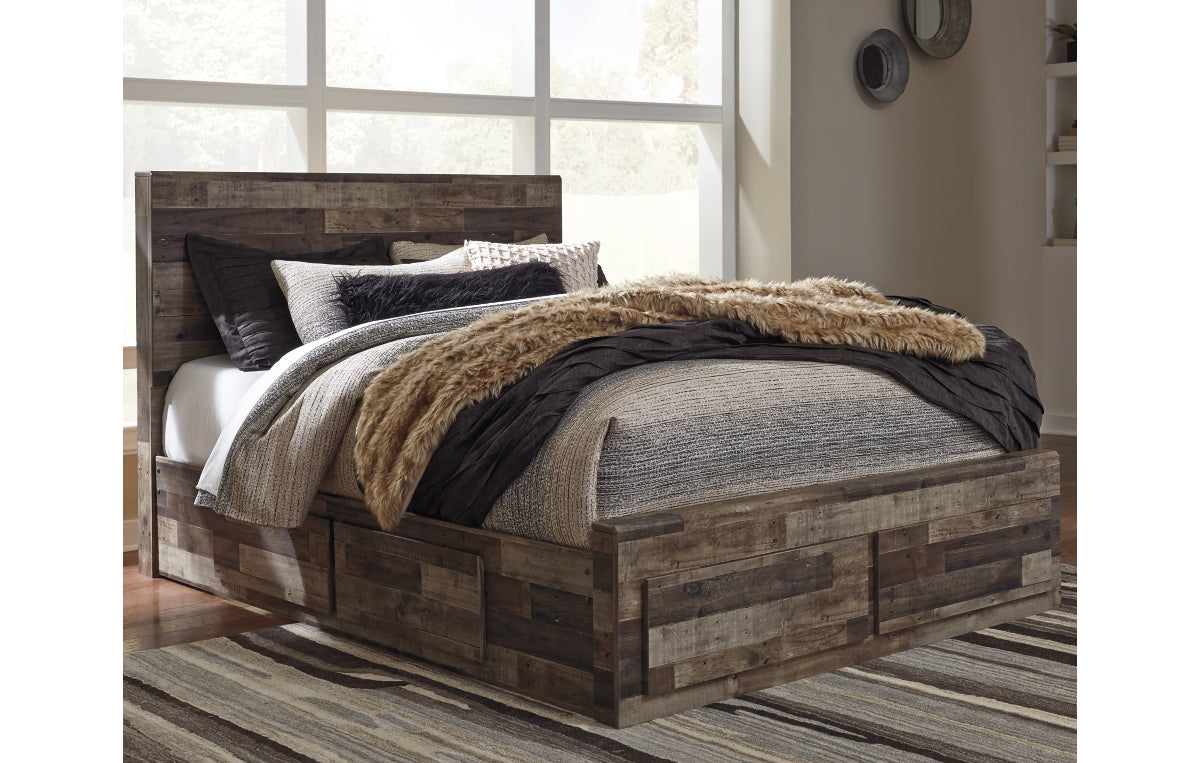 Derekson Queen Panel Bed with 4 Storage Drawers with Mirrored Dresser, Chest and Nightstand