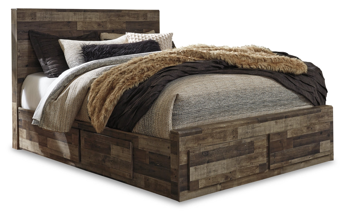 Derekson Queen Panel Bed with 6 Storage Drawers with Mirrored Dresser, Chest and Nightstand