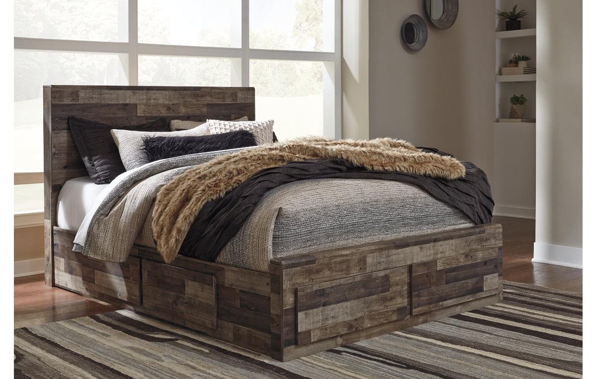 Derekson Queen Panel Bed with 6 Storage Drawers with Mirrored Dresser and Chest