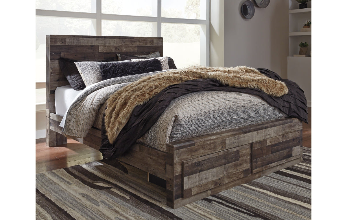 Derekson Queen Panel Bed with 2 Storage Drawers with Mirrored Dresser, Chest and Nightstand