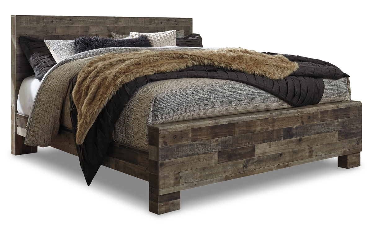 Derekson King Panel Bed with Mirrored Dresser and Chest