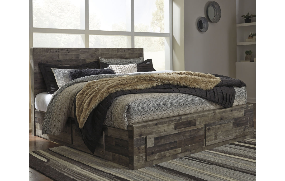 Derekson King Panel Bed with 6 Storage Drawers with Mirrored Dresser, Chest and Nightstand