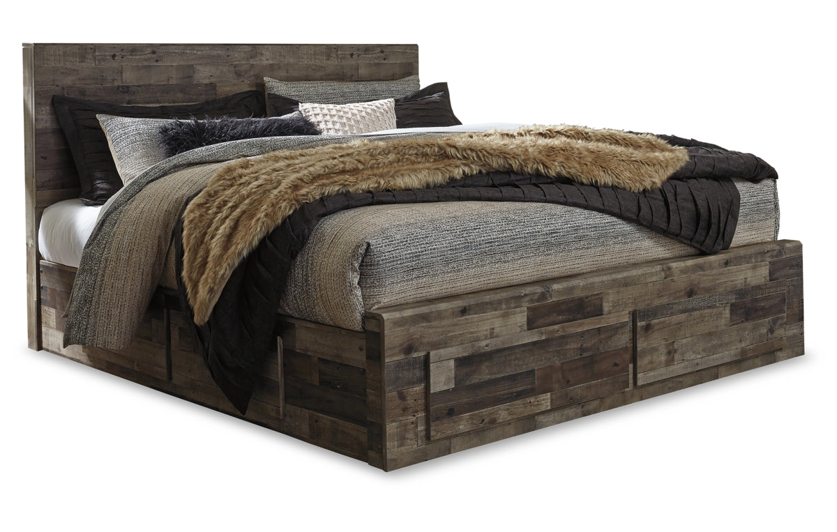Derekson King Panel Bed with 6 Storage Drawers with Mirrored Dresser, Chest and Nightstand