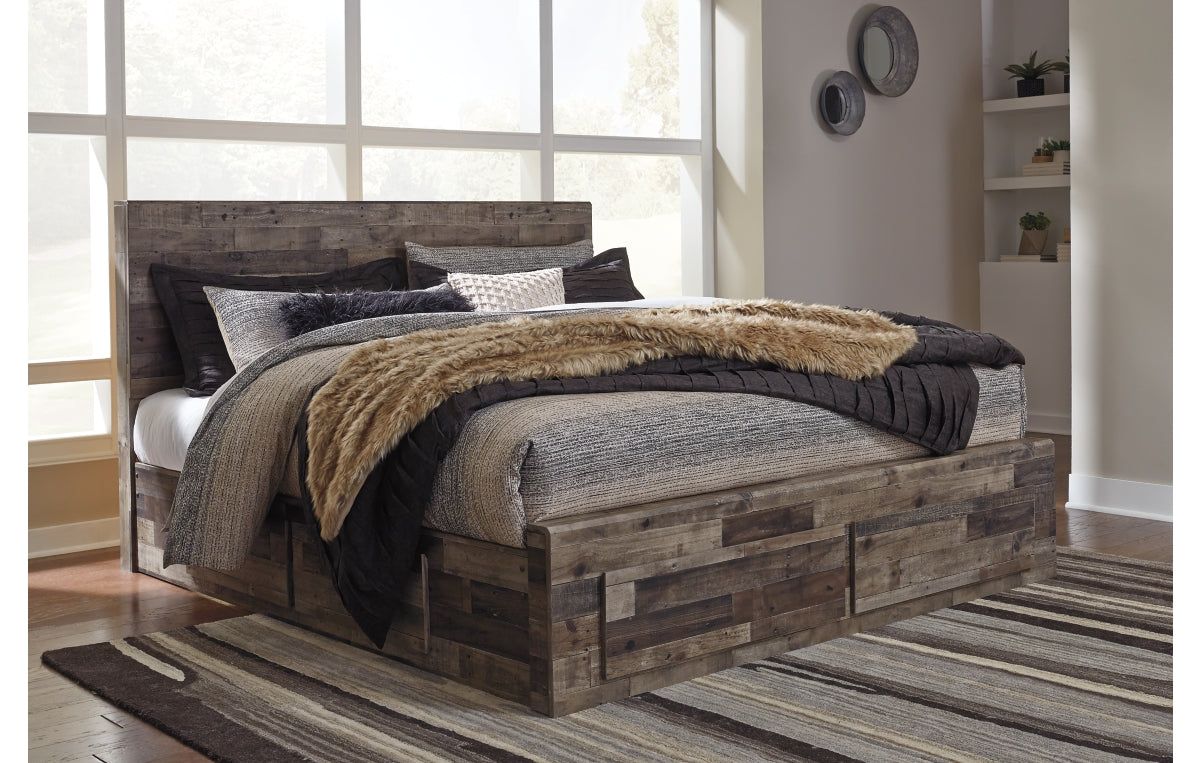 Derekson King Panel Bed with 4 Storage Drawers with Mirrored Dresser