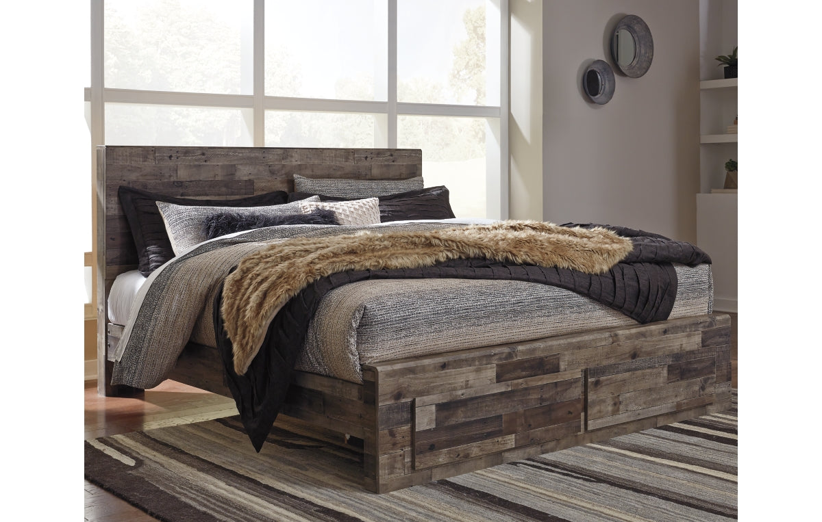 Derekson King Panel Bed with 2 Storage Drawers with Mirrored Dresser, Chest and Nightstand
