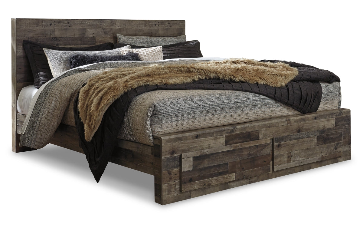 Derekson King Panel Bed with 2 Storage Drawers with Mirrored Dresser and Chest