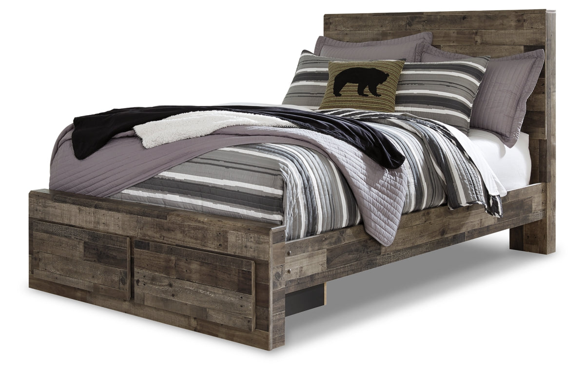 Derekson Full Panel Bed with 2 Storage Drawers with Mirrored Dresser and Chest