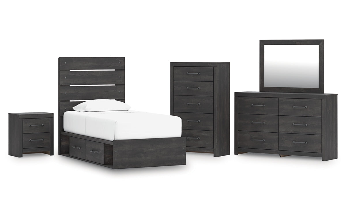Hollivern Twin Panel Bed with Storage, Dresser, Mirror, Chest and Nightstand