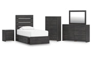 Hollivern Twin Panel Bed with Storage, Dresser, Mirror, Chest and Nightstand
