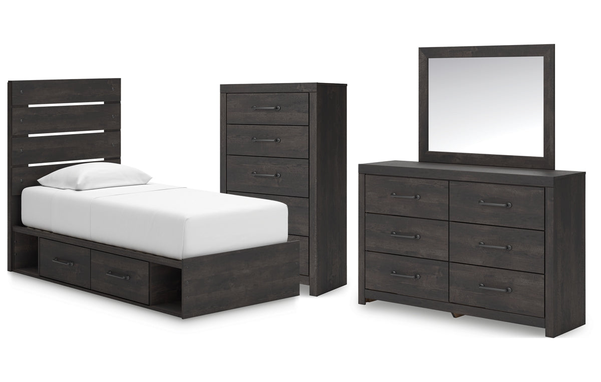 Hollivern Twin Panel Bed with Storage with Mirrored Dresser and Chest