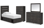 Hollivern Twin Panel Bed with Storage with Mirrored Dresser and Chest