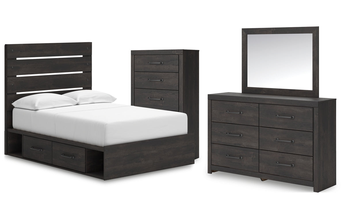 Hollivern Full Panel Bed with Storage with Mirrored Dresser and Chest