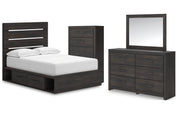 Hollivern Full Panel Bed with Storage with Mirrored Dresser and Chest