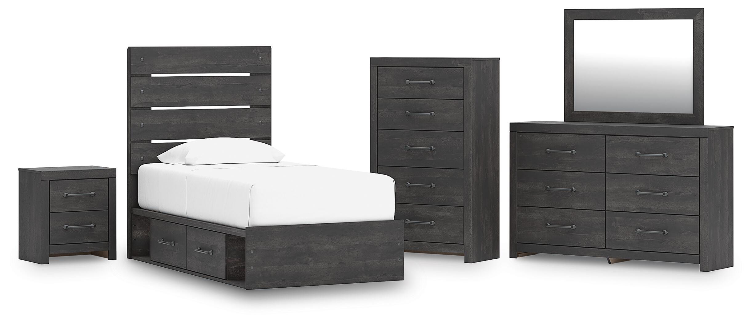 Hollivern Twin Panel Bed with Storage, Dresser, Mirror, Chest and Nightstand