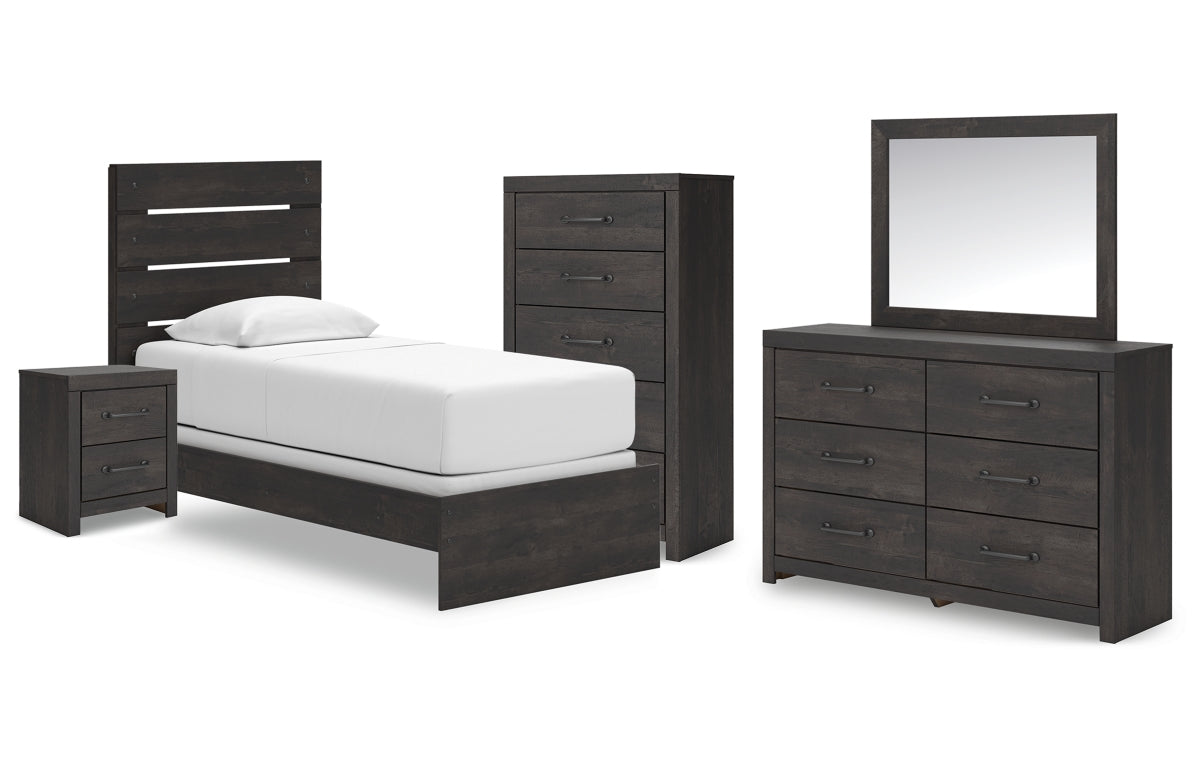 Hollivern Twin Panel Bed with Mirrored Dresser, Chest and Nightstand