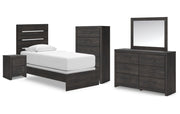 Hollivern Twin Panel Bed with Mirrored Dresser, Chest and Nightstand