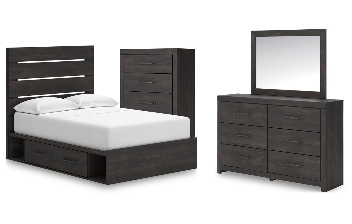 Hollivern Full Panel Bed with Storage with Mirrored Dresser and Chest