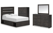 Hollivern Full Panel Bed with Storage with Mirrored Dresser and Chest