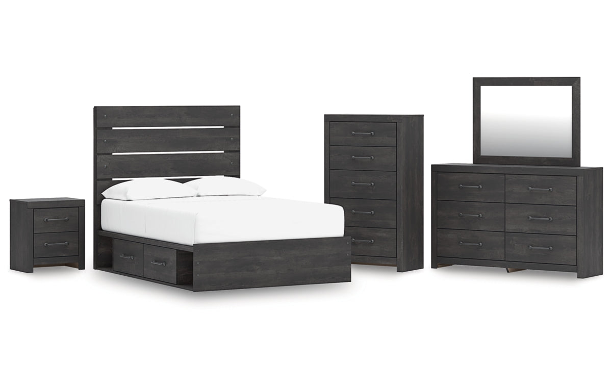 Hollivern Full Panel Bed with Storage with Mirrored Dresser, Chest and Nightstand