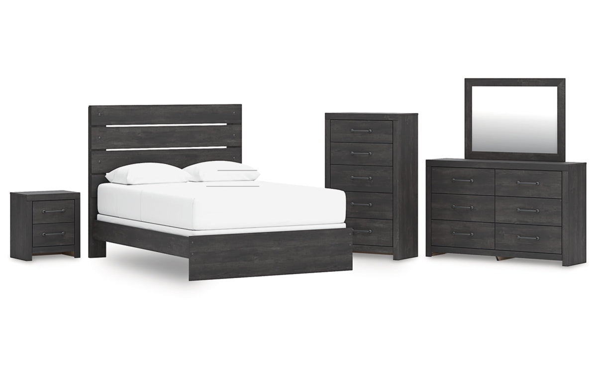 Hollivern Queen Panel Bed with Mirrored Dresser, Chest and Nightstand
