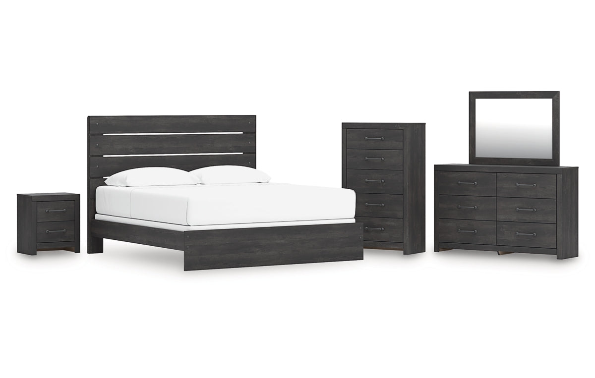 Hollivern King Panel Bed, Dresser, Mirror, Chest and Nightstand