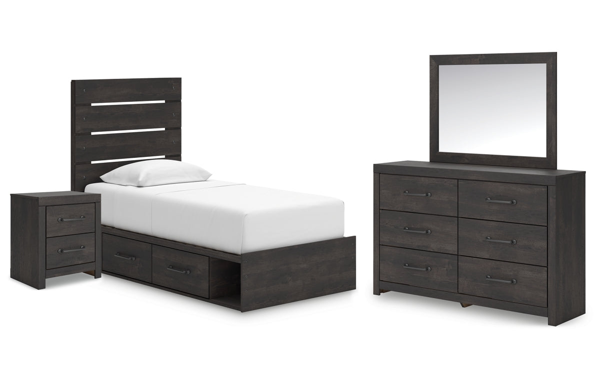 Hollivern Twin Panel Bed with Storage with Mirrored Dresser and Nightstand