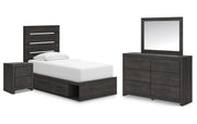 Hollivern Twin Panel Bed with Storage, Dresser, Mirror and Nightstand