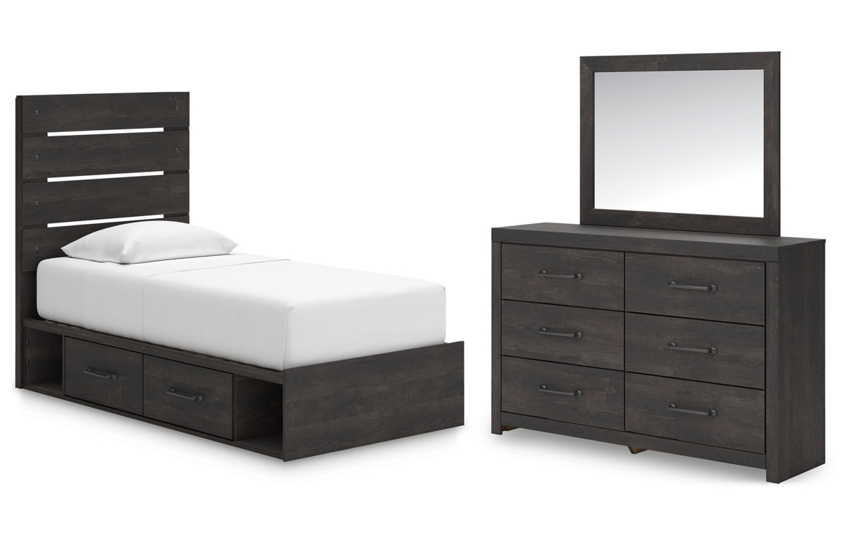 Hollivern Twin Panel Bed with Storage, Dresser and Mirror
