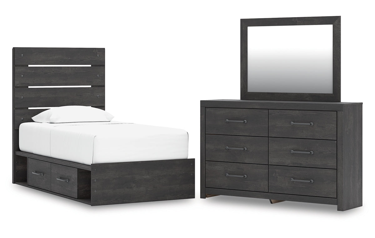 Hollivern Twin Panel Storage Bed with Mirrored Dresser