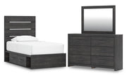 Hollivern Twin Panel Storage Bed with Mirrored Dresser